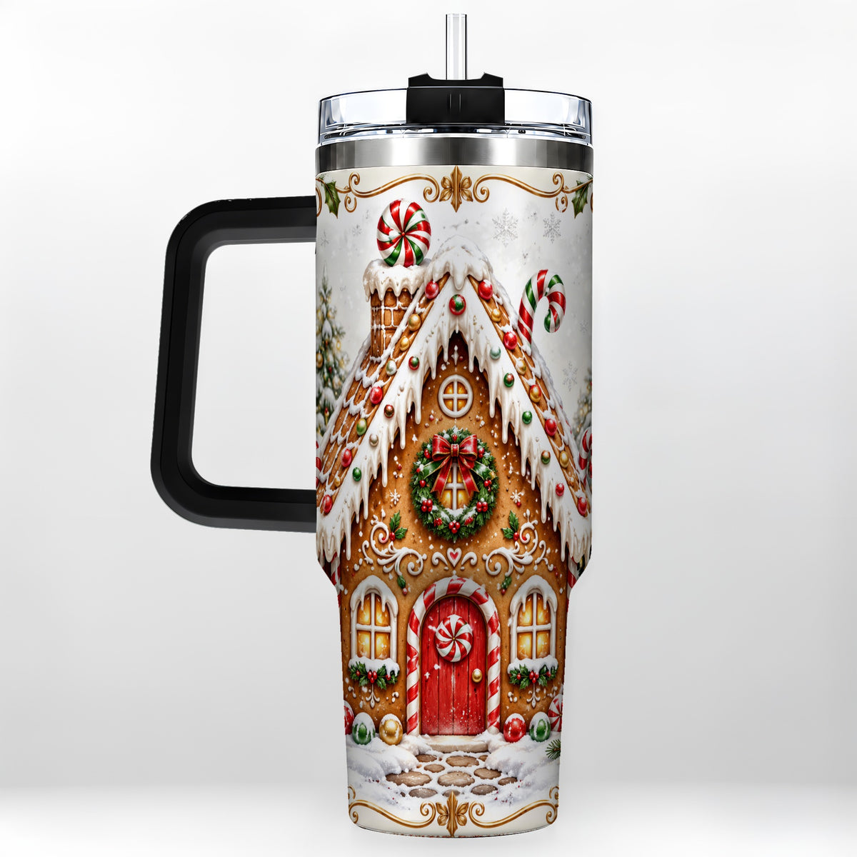 #pl[40oz|Black] Christmas Gingerbread House 40oz Tumbler with Handle, Peppermint Art