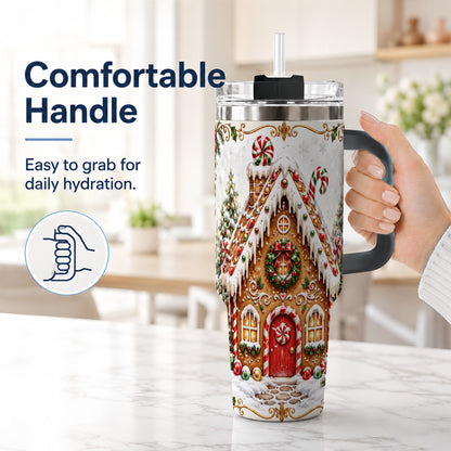 #pl[40oz|Black] Christmas Gingerbread House 40oz Tumbler with Handle, Peppermint Art