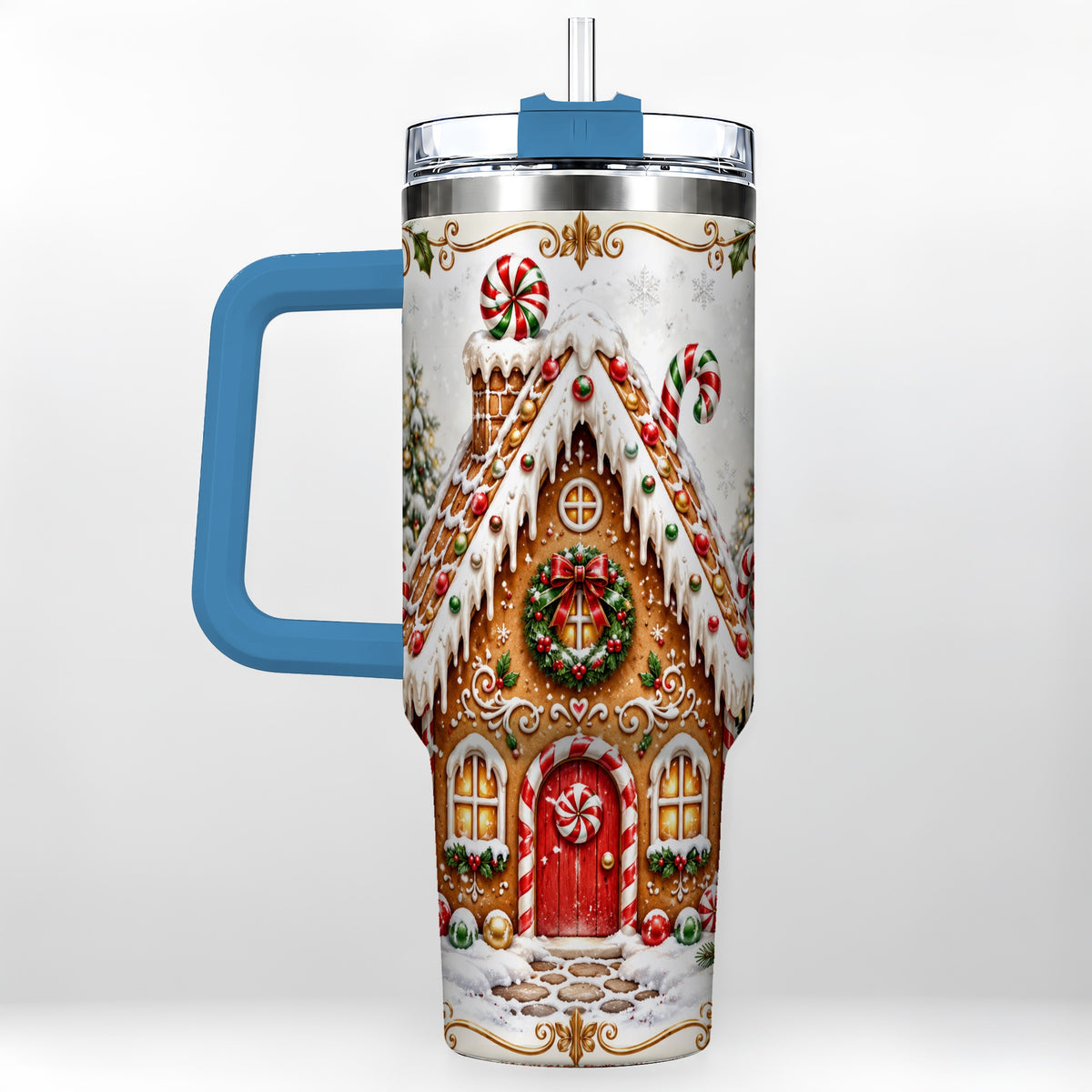 #pl[40oz|Blue] Christmas Gingerbread House 40oz Tumbler with Handle, Peppermint Art