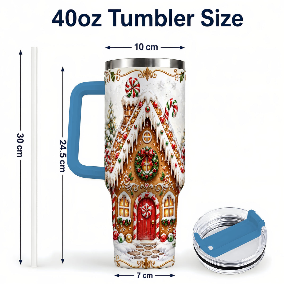 #pl[40oz|Blue] Christmas Gingerbread House 40oz Tumbler with Handle, Peppermint Art
