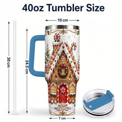 #pl[40oz|Blue] Christmas Gingerbread House 40oz Tumbler with Handle, Peppermint Art