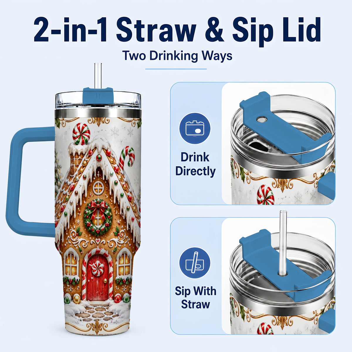 #pl[40oz|Blue] Christmas Gingerbread House 40oz Tumbler with Handle, Peppermint Art