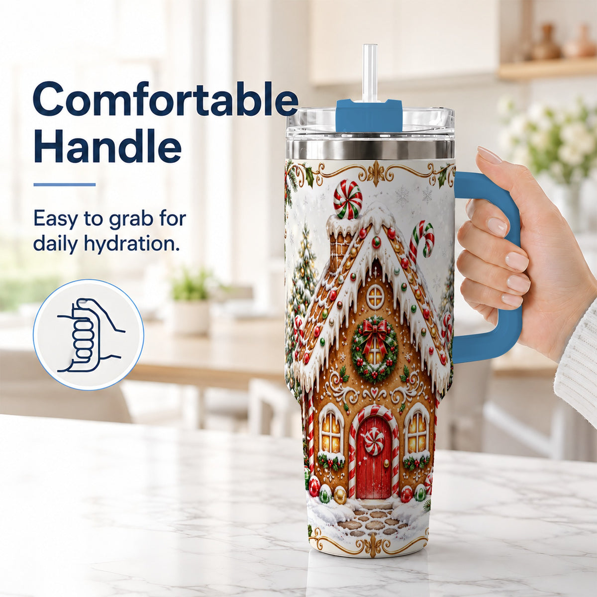 #pl[40oz|Blue] Christmas Gingerbread House 40oz Tumbler with Handle, Peppermint Art