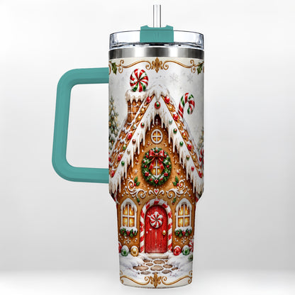 #pl[40oz|Green] Christmas Gingerbread House 40oz Tumbler with Handle, Peppermint Art