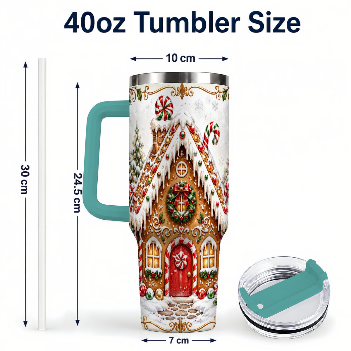 #pl[40oz|Green] Christmas Gingerbread House 40oz Tumbler with Handle, Peppermint Art