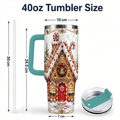 #pl[40oz|Green] Christmas Gingerbread House 40oz Tumbler with Handle, Peppermint Art