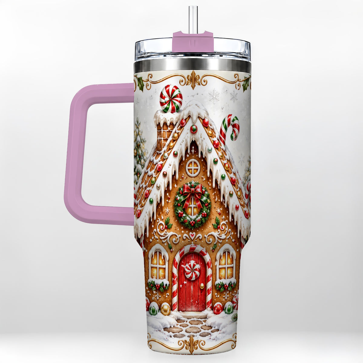 #pl[40oz|Pink] Christmas Gingerbread House 40oz Tumbler with Handle, Peppermint Art