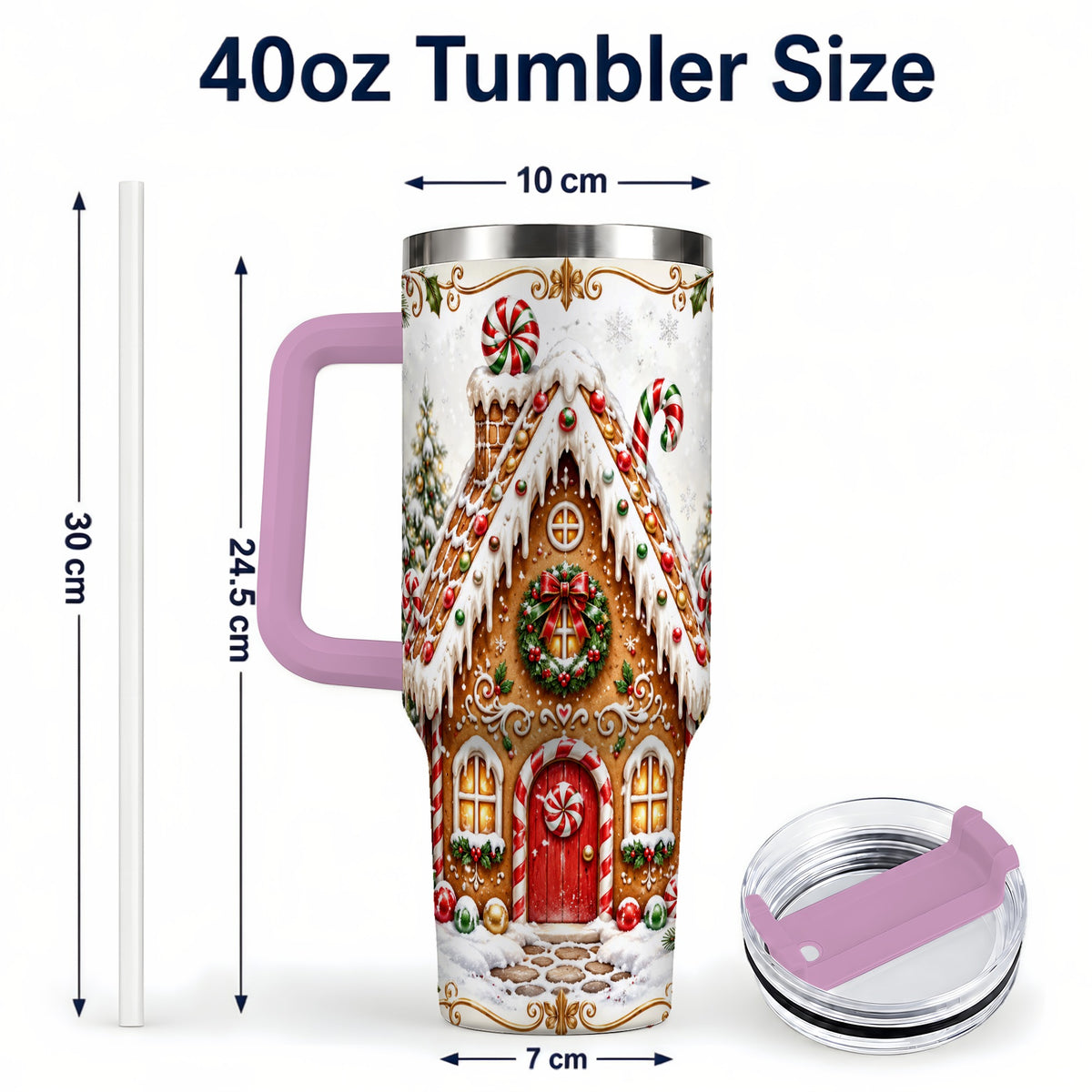 #pl[40oz|Pink] Christmas Gingerbread House 40oz Tumbler with Handle, Peppermint Art