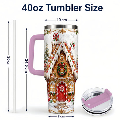#pl[40oz|Pink] Christmas Gingerbread House 40oz Tumbler with Handle, Peppermint Art