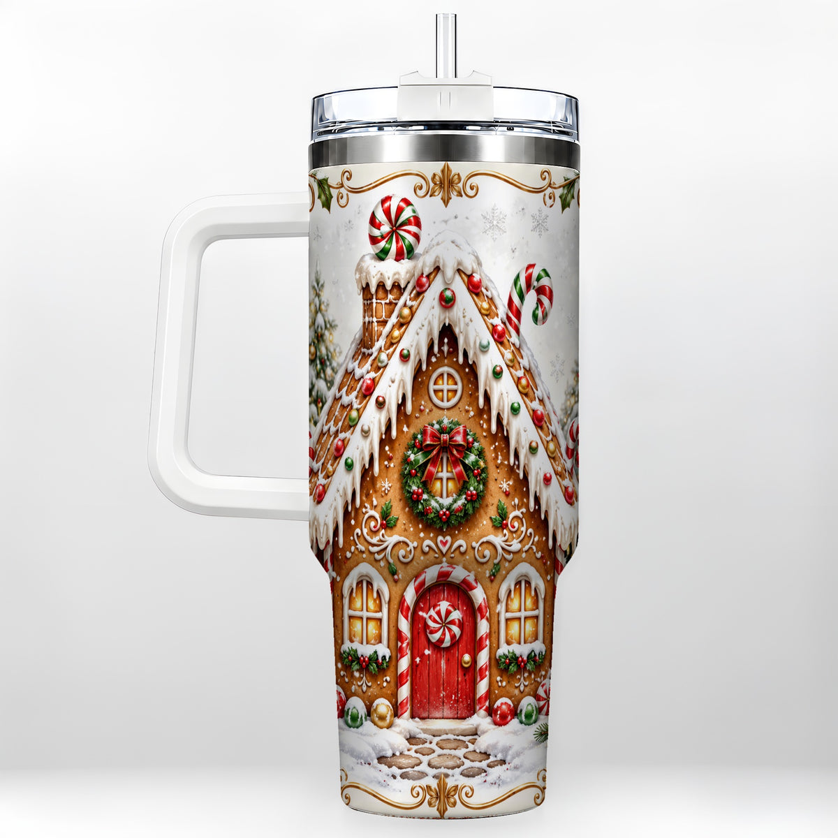 Christmas Gingerbread House 40oz Tumbler with Handle, Peppermint Art