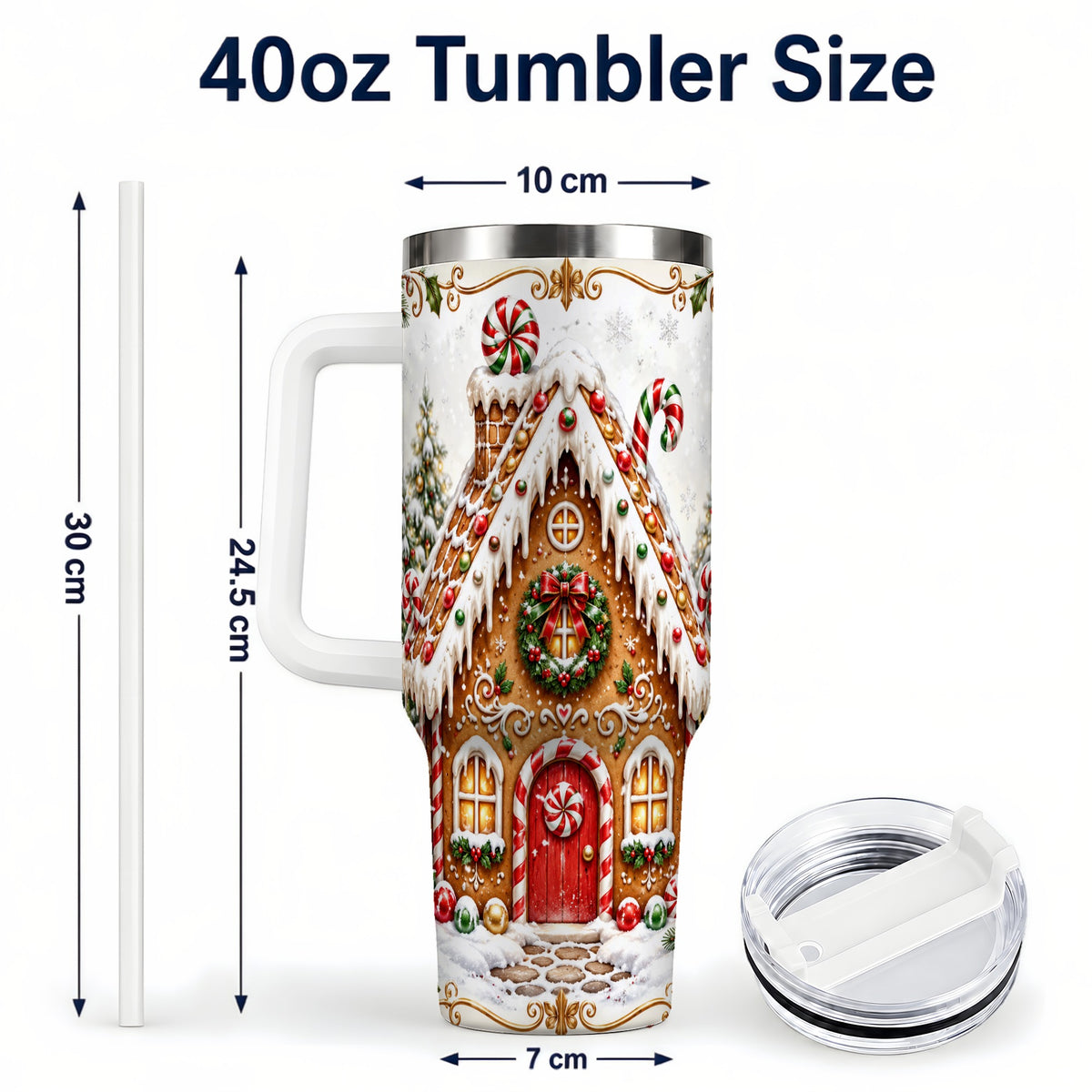 #pl[40oz|White] Christmas Gingerbread House 40oz Tumbler with Handle, Peppermint Art