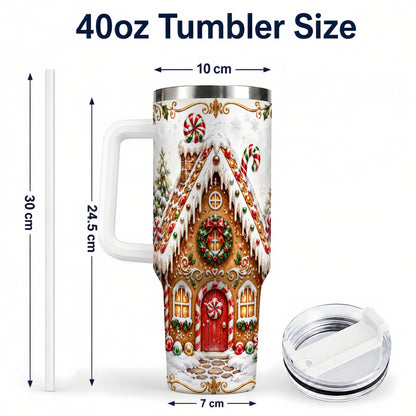 #pl[40oz|White] Christmas Gingerbread House 40oz Tumbler with Handle, Peppermint Art