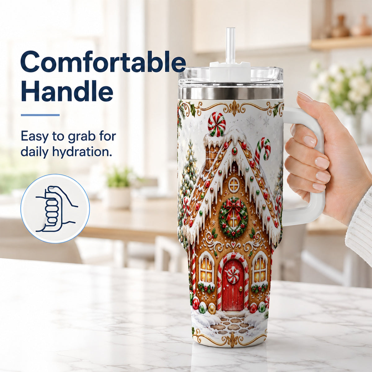 #pl[40oz|White] Christmas Gingerbread House 40oz Tumbler with Handle, Peppermint Art