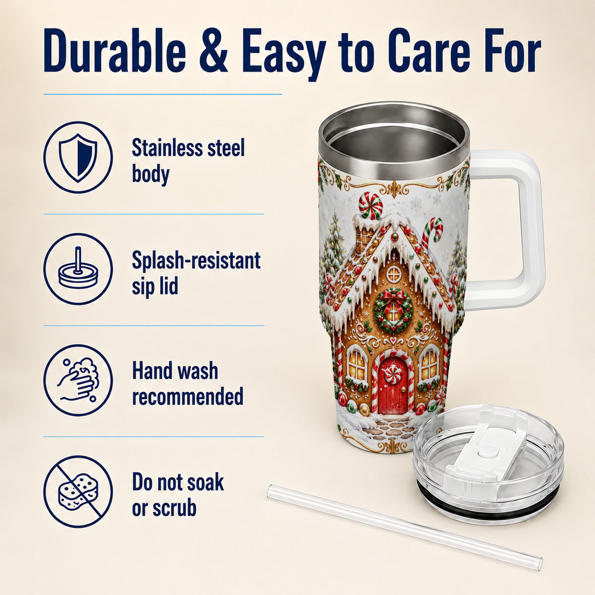 Christmas Gingerbread House 40oz Tumbler with Handle, Peppermint Art