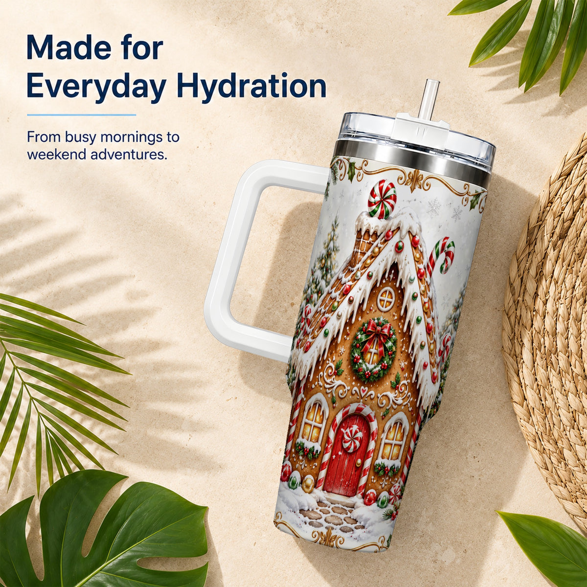 Christmas Gingerbread House 40oz Tumbler with Handle, Peppermint Art