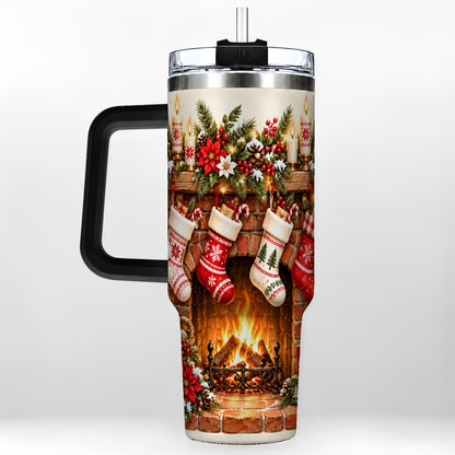 #pl[40oz|Black] Christmas Fireplace 40oz Tumbler with Handle, Cozy Holiday Drinkware