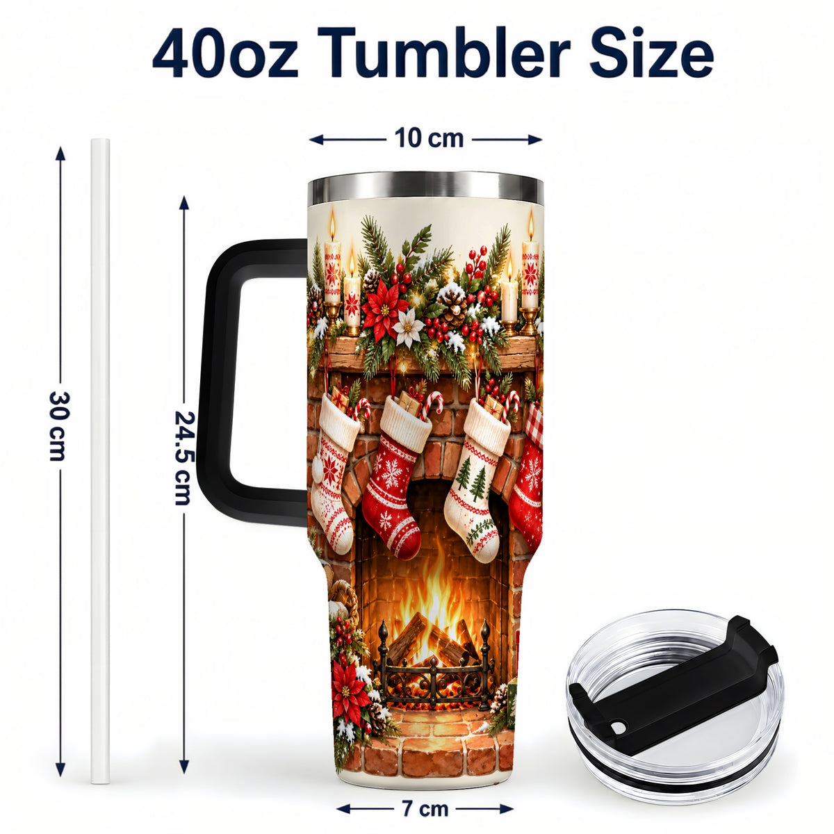 #pl[40oz|Black] Christmas Fireplace 40oz Tumbler with Handle, Cozy Holiday Drinkware
