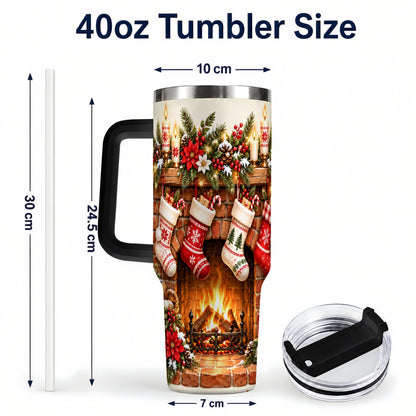 #pl[40oz|Black] Christmas Fireplace 40oz Tumbler with Handle, Cozy Holiday Drinkware