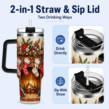 #pl[40oz|Black] Christmas Fireplace 40oz Tumbler with Handle, Cozy Holiday Drinkware
