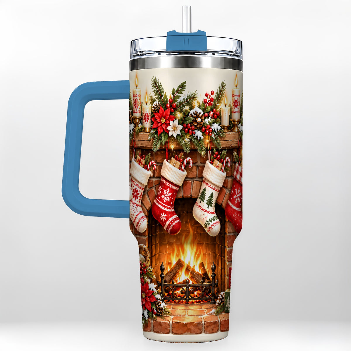 #pl[40oz|Blue] Christmas Fireplace 40oz Tumbler with Handle, Cozy Holiday Drinkware