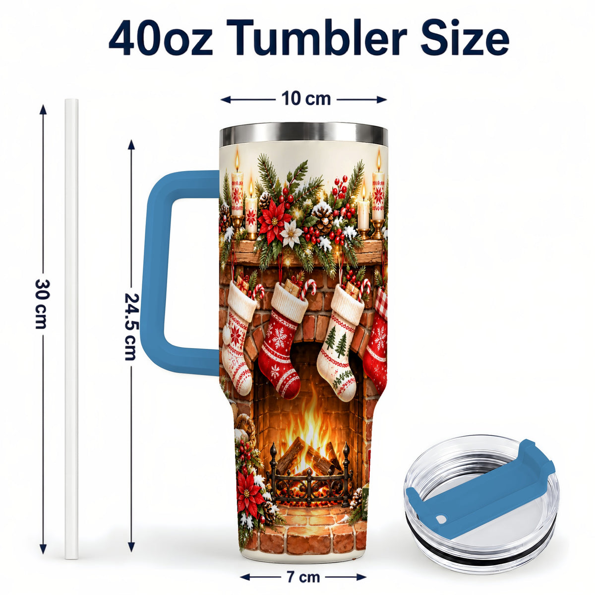 #pl[40oz|Blue] Christmas Fireplace 40oz Tumbler with Handle, Cozy Holiday Drinkware