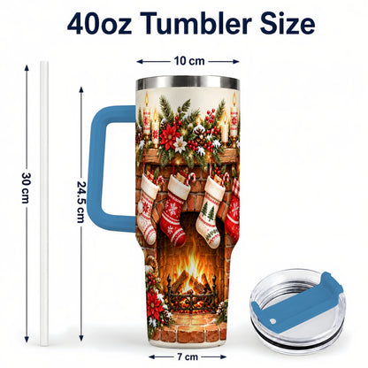 #pl[40oz|Blue] Christmas Fireplace 40oz Tumbler with Handle, Cozy Holiday Drinkware