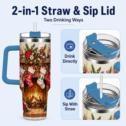 #pl[40oz|Blue] Christmas Fireplace 40oz Tumbler with Handle, Cozy Holiday Drinkware