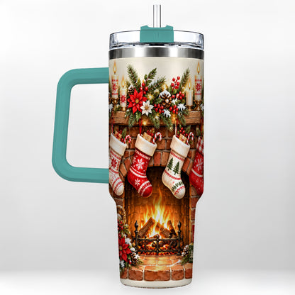 #pl[40oz|Green] Christmas Fireplace 40oz Tumbler with Handle, Cozy Holiday Drinkware