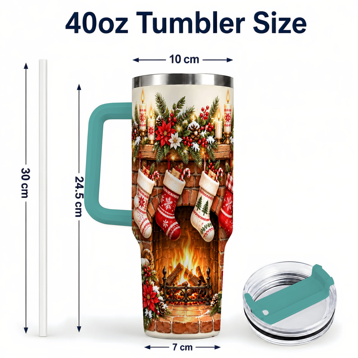 #pl[40oz|Green] Christmas Fireplace 40oz Tumbler with Handle, Cozy Holiday Drinkware