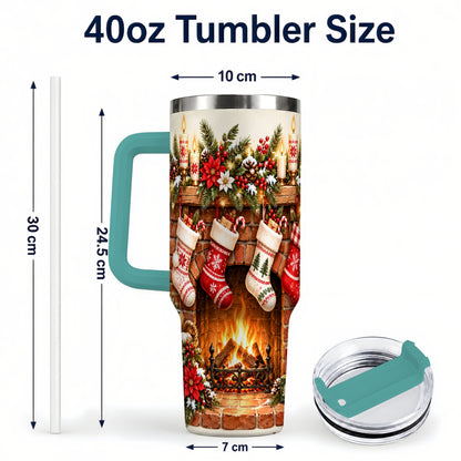 #pl[40oz|Green] Christmas Fireplace 40oz Tumbler with Handle, Cozy Holiday Drinkware