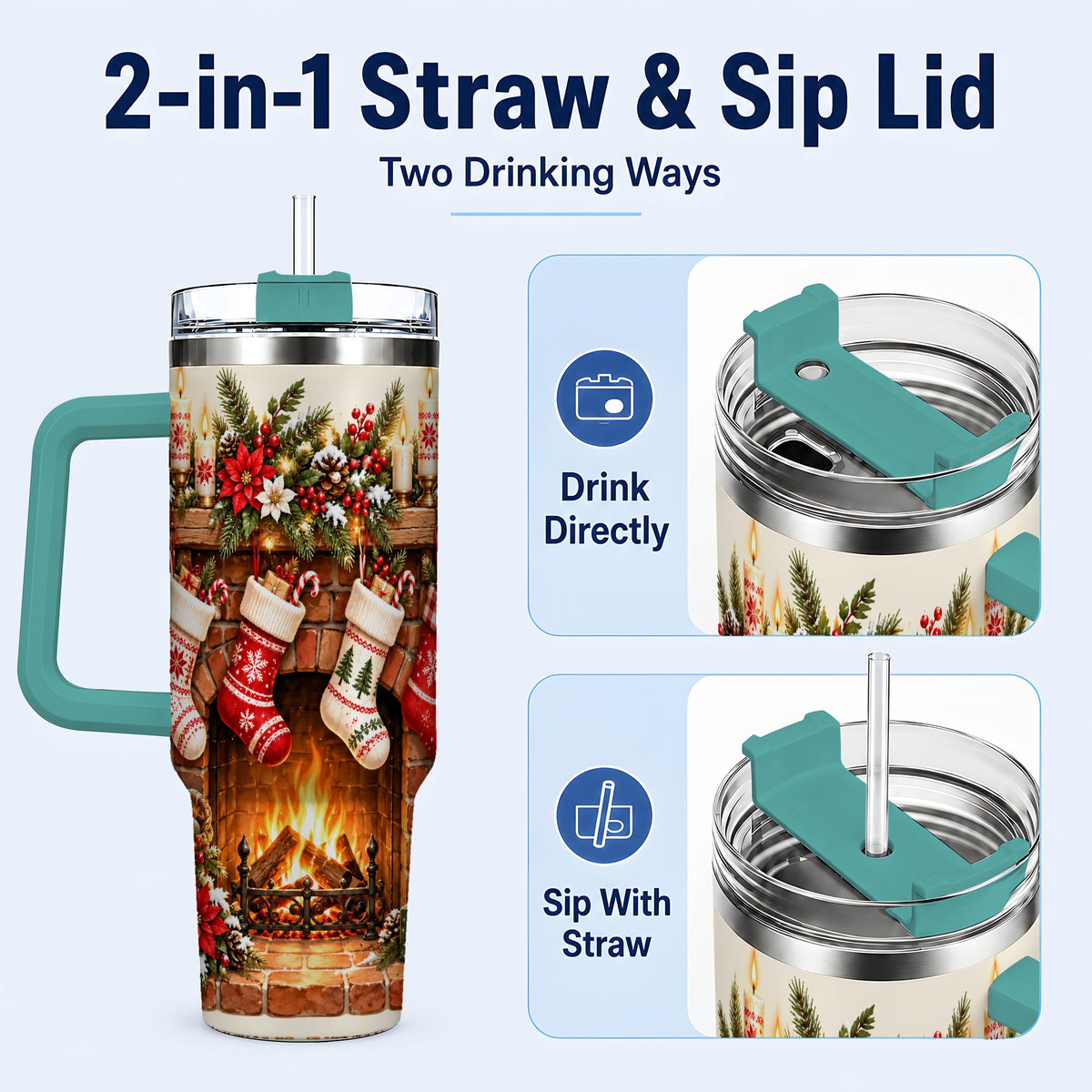 #pl[40oz|Green] Christmas Fireplace 40oz Tumbler with Handle, Cozy Holiday Drinkware