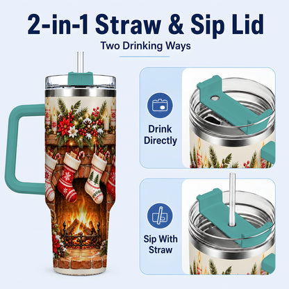 #pl[40oz|Green] Christmas Fireplace 40oz Tumbler with Handle, Cozy Holiday Drinkware