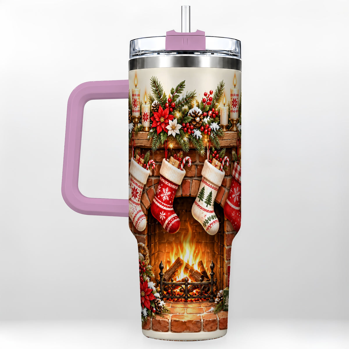#pl[40oz|Pink] Christmas Fireplace 40oz Tumbler with Handle, Cozy Holiday Drinkware