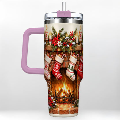 #pl[40oz|Pink] Christmas Fireplace 40oz Tumbler with Handle, Cozy Holiday Drinkware