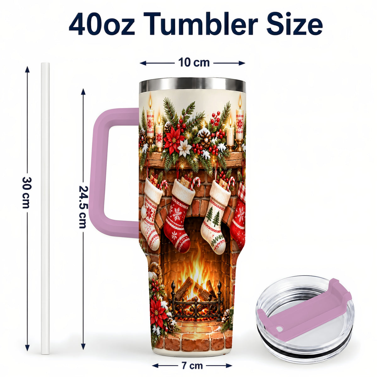 #pl[40oz|Pink] Christmas Fireplace 40oz Tumbler with Handle, Cozy Holiday Drinkware