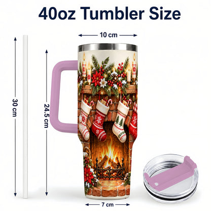 #pl[40oz|Pink] Christmas Fireplace 40oz Tumbler with Handle, Cozy Holiday Drinkware