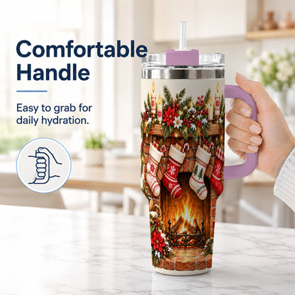 #pl[40oz|Pink] Christmas Fireplace 40oz Tumbler with Handle, Cozy Holiday Drinkware