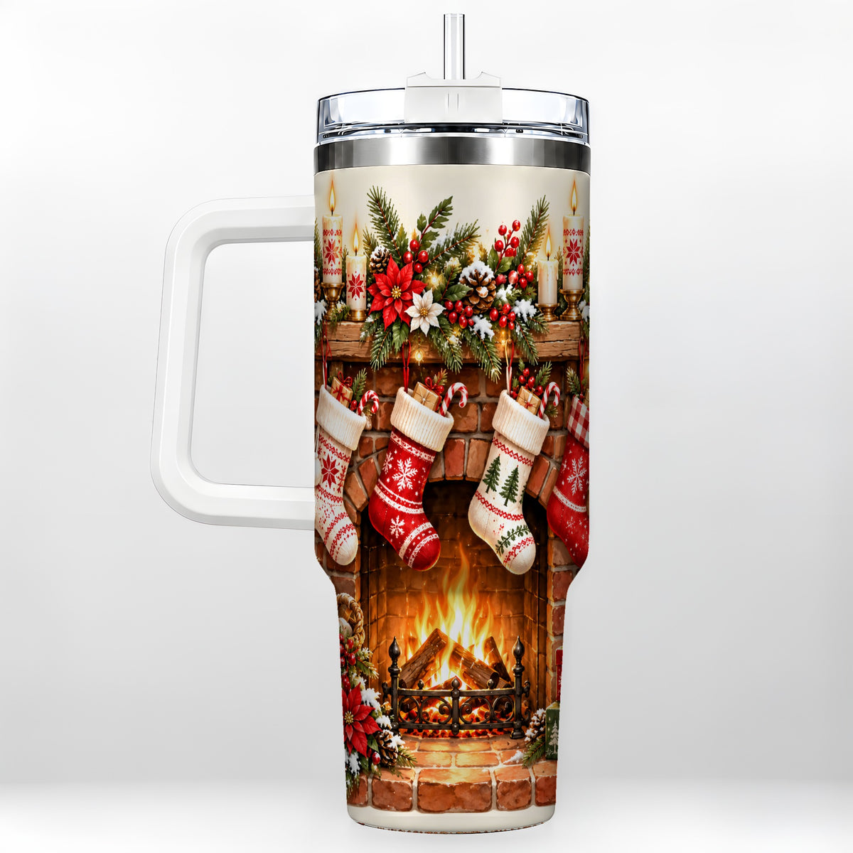 Christmas Fireplace 40oz Tumbler with Handle, Cozy Holiday Drinkware