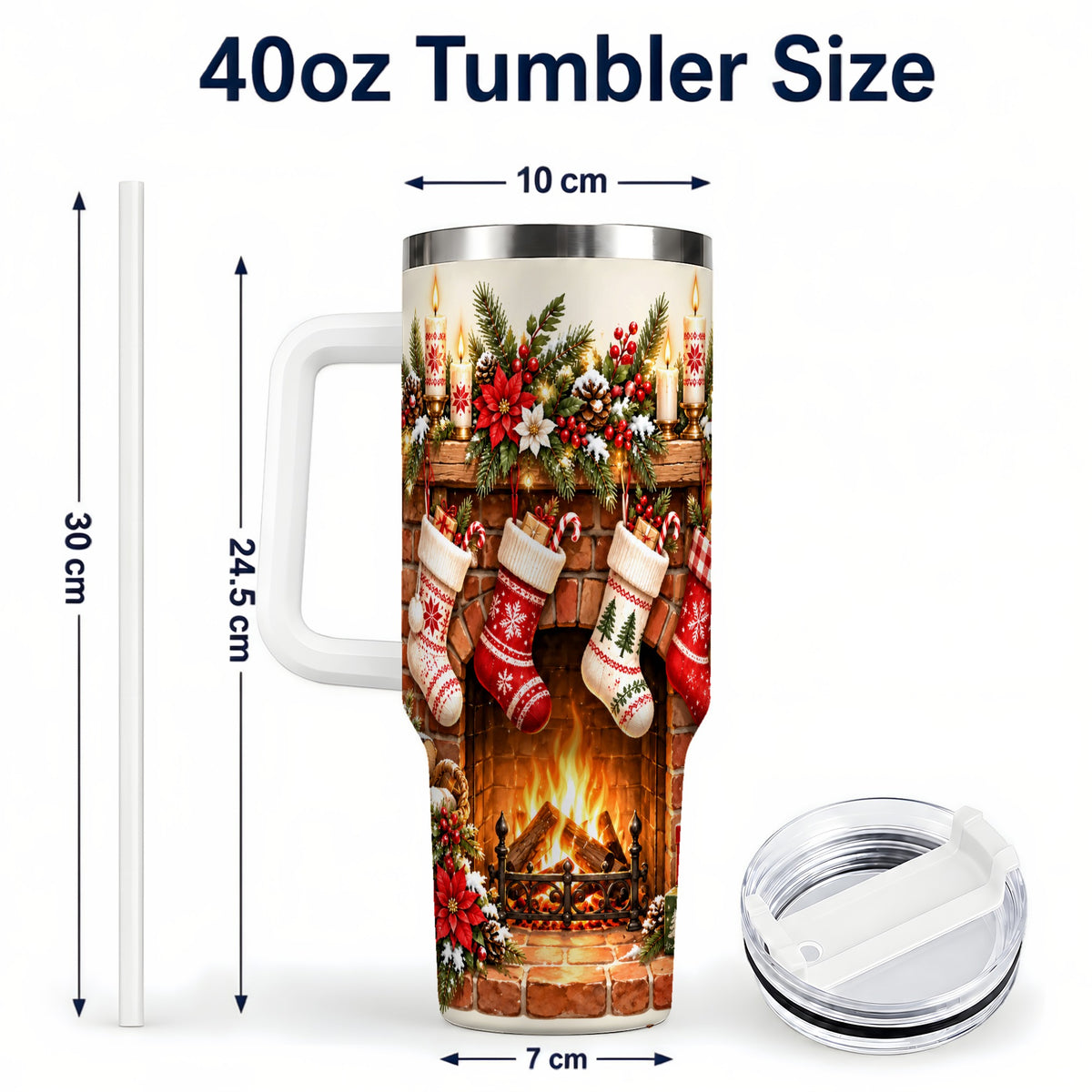 #pl[40oz|White] Christmas Fireplace 40oz Tumbler with Handle, Cozy Holiday Drinkware
