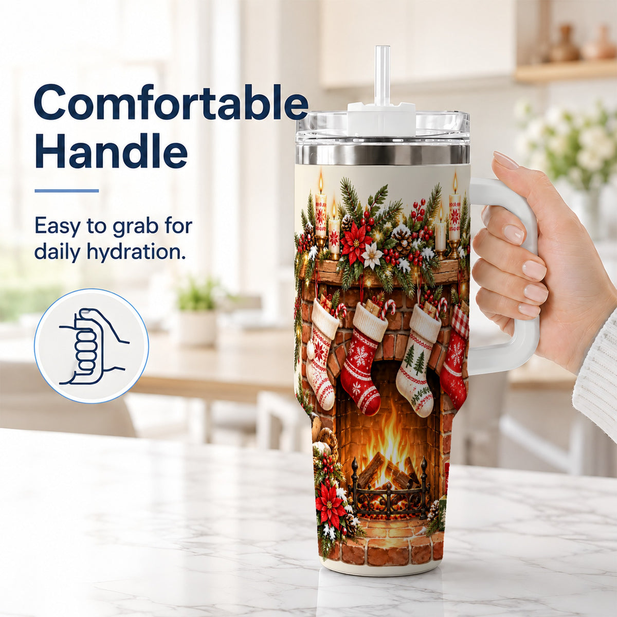 #pl[40oz|White] Christmas Fireplace 40oz Tumbler with Handle, Cozy Holiday Drinkware