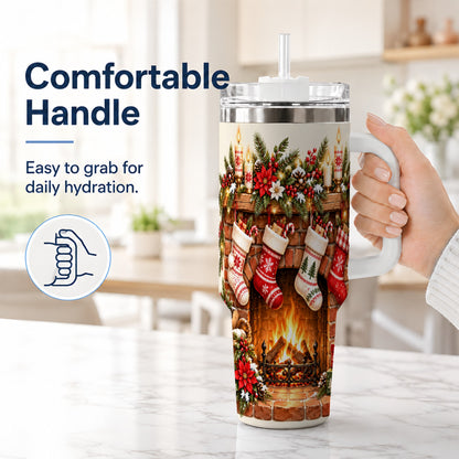 #pl[40oz|White] Christmas Fireplace 40oz Tumbler with Handle, Cozy Holiday Drinkware