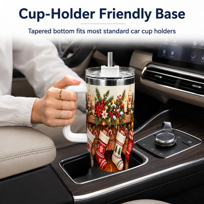 Christmas Fireplace 40oz Tumbler with Handle, Cozy Holiday Drinkware