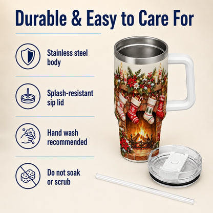 Christmas Fireplace 40oz Tumbler with Handle, Cozy Holiday Drinkware