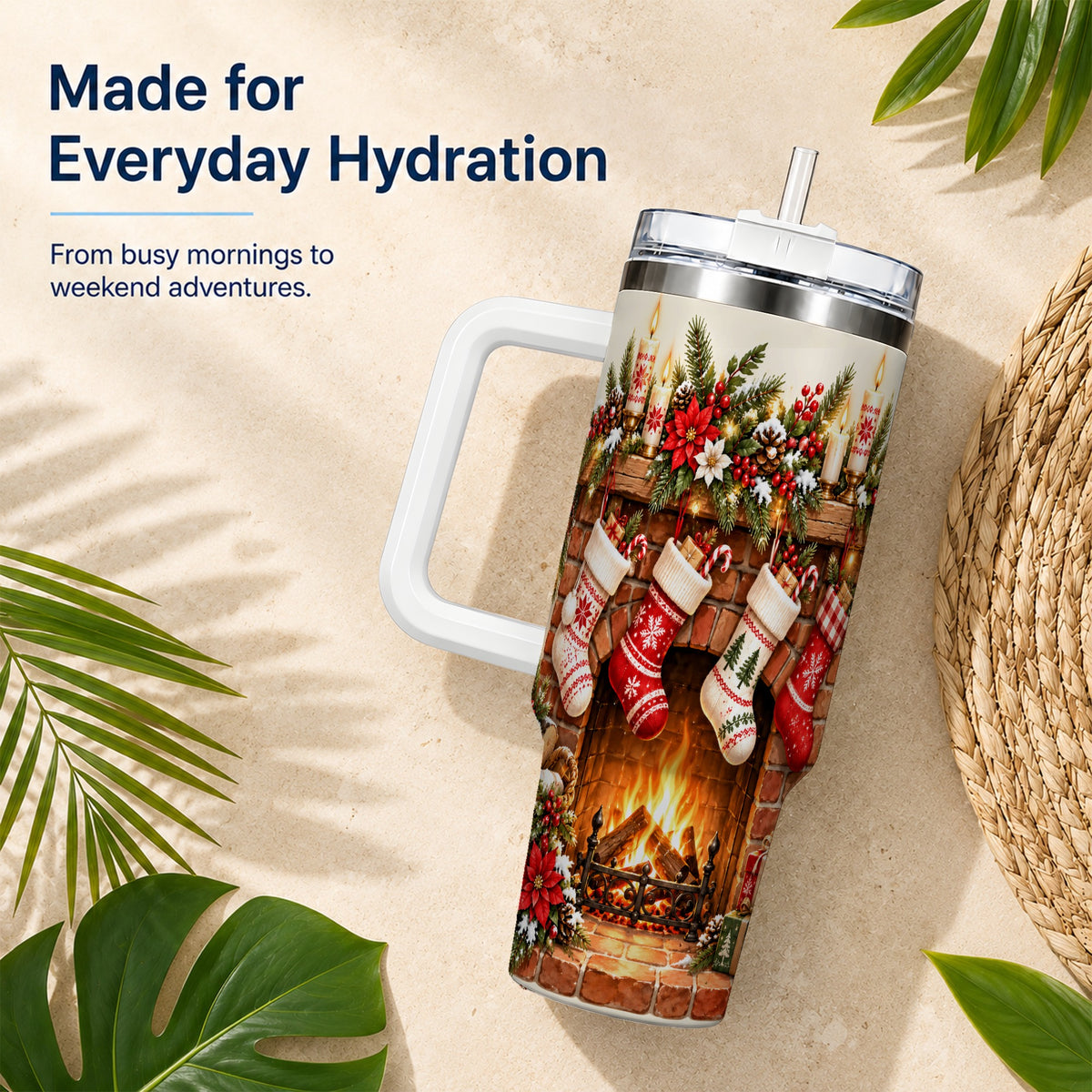 Christmas Fireplace 40oz Tumbler with Handle, Cozy Holiday Drinkware