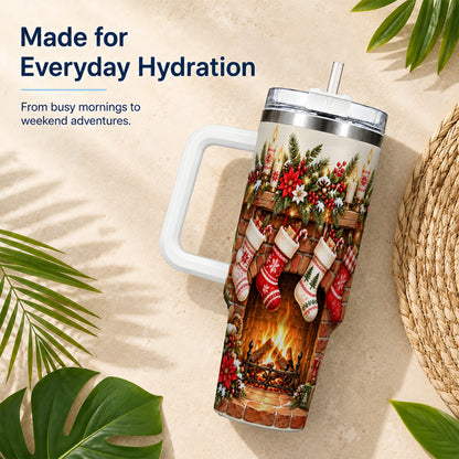 Christmas Fireplace 40oz Tumbler with Handle, Cozy Holiday Drinkware