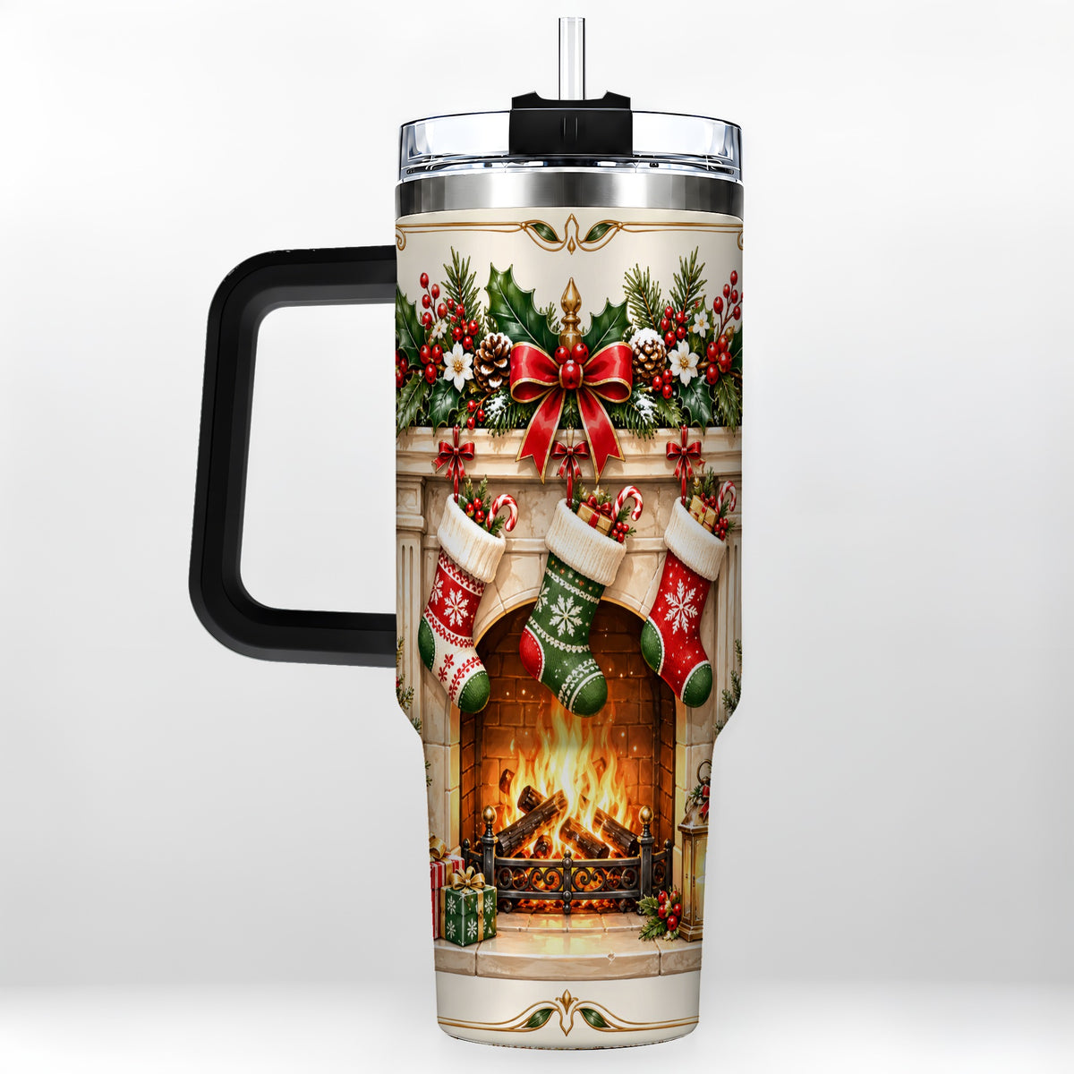 #pl[40oz|Black] Elegant Christmas 40oz Tumbler with Handle, Vintage Holiday Fireplace