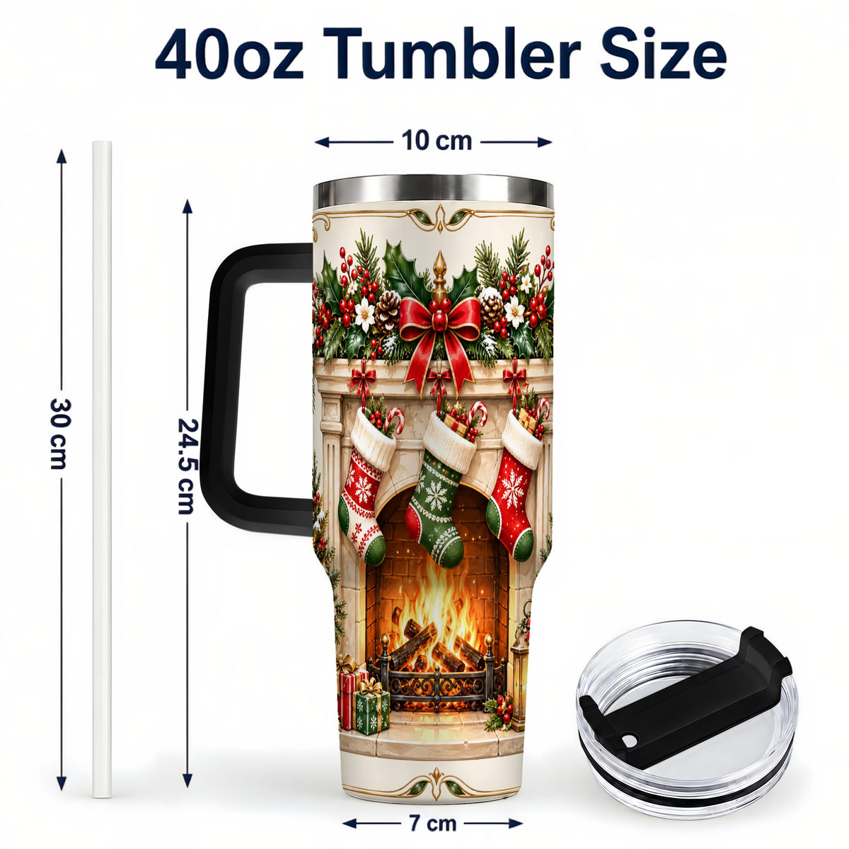 #pl[40oz|Black] Elegant Christmas 40oz Tumbler with Handle, Vintage Holiday Fireplace