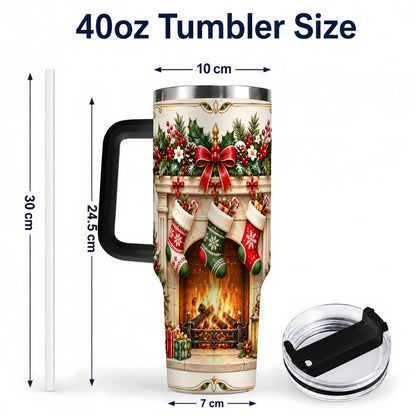 #pl[40oz|Black] Elegant Christmas 40oz Tumbler with Handle, Vintage Holiday Fireplace