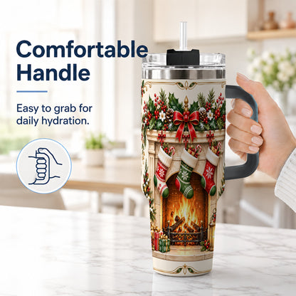 #pl[40oz|Black] Elegant Christmas 40oz Tumbler with Handle, Vintage Holiday Fireplace