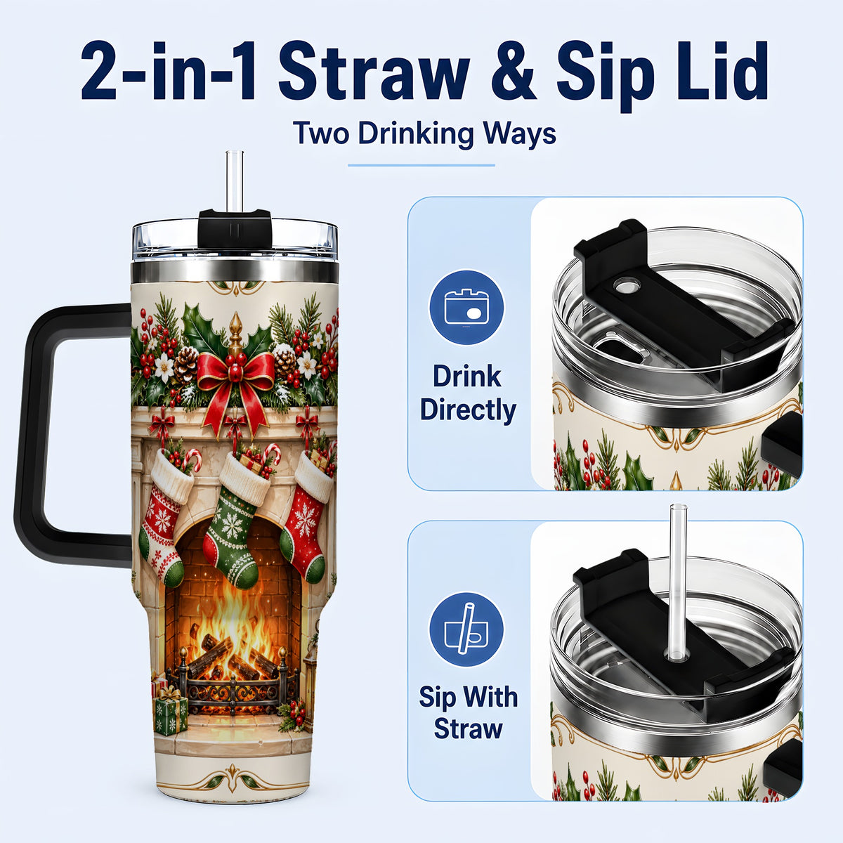 #pl[40oz|Black] Elegant Christmas 40oz Tumbler with Handle, Vintage Holiday Fireplace